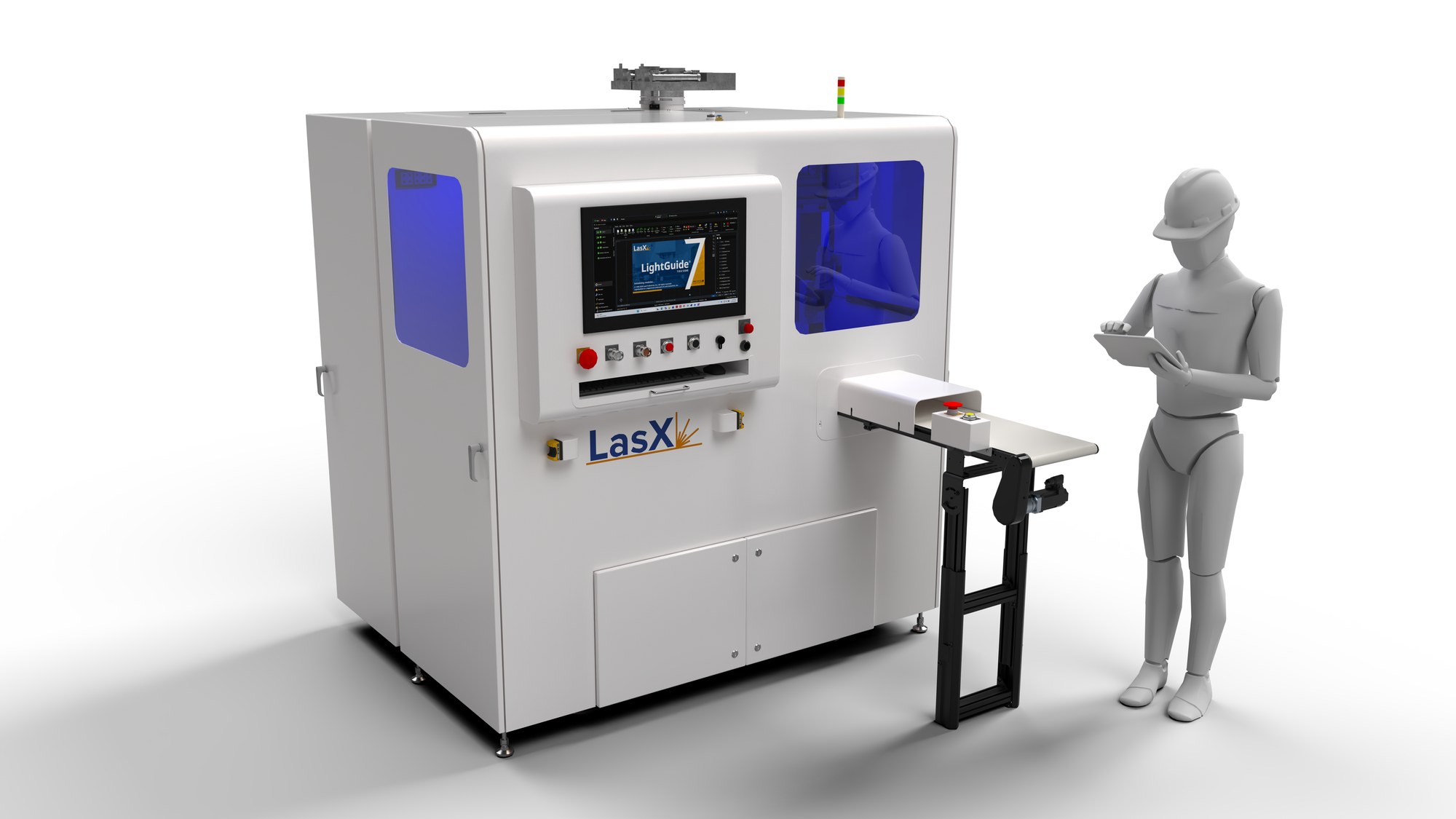 ExactPro laser micromachining workstation with the LightGuide® operator panel, shown with an automatic unload conveyor, a custom configuration