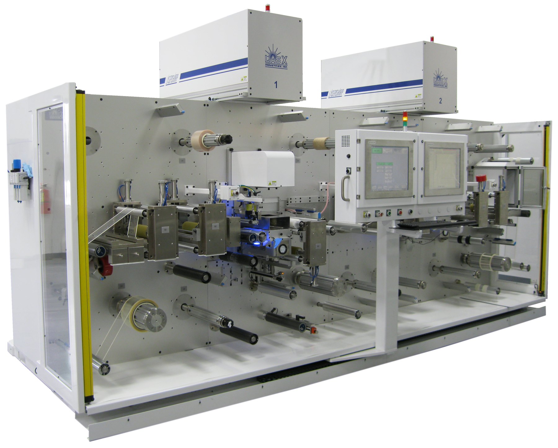 LasX MicroLam narrow-web roll-to-roll converting machine with two LaserSharp® Modules, operator HMI, and light-curtain guarding