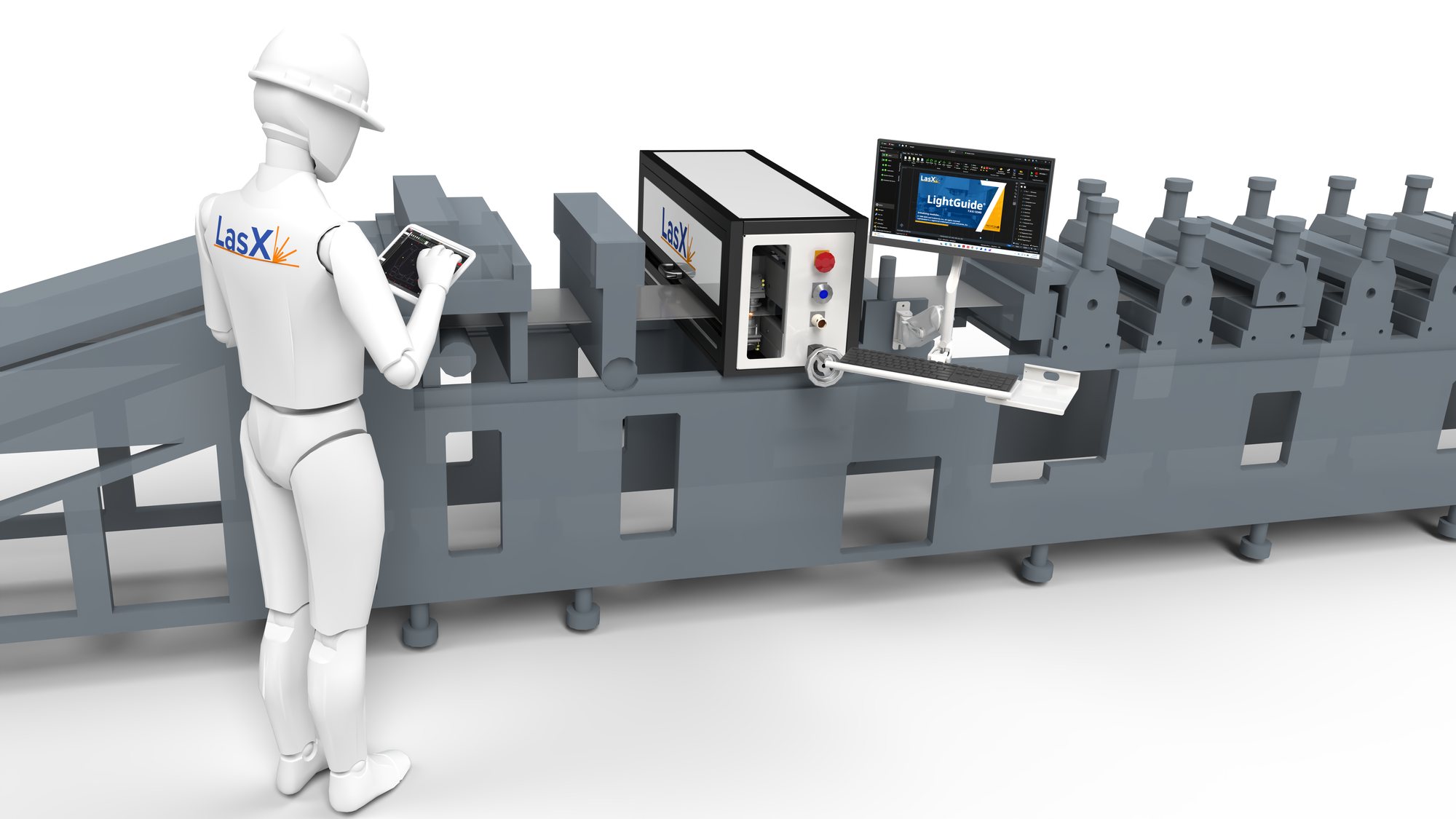 ScoreLine easy-open module mounted on a pouch-making machine, operator at the LightGuide 7 display