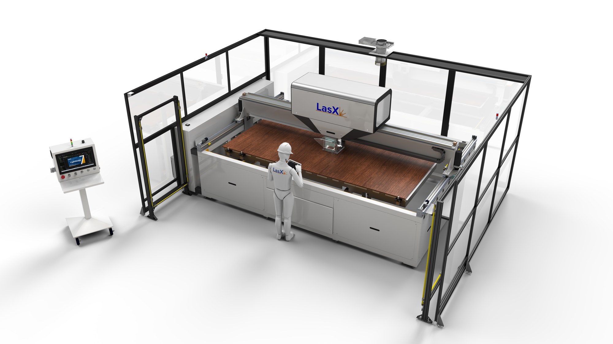 SheetPro large-format laser workstation with a board on the static bed, the LaserSharp® Module on its gantry, and the operator station